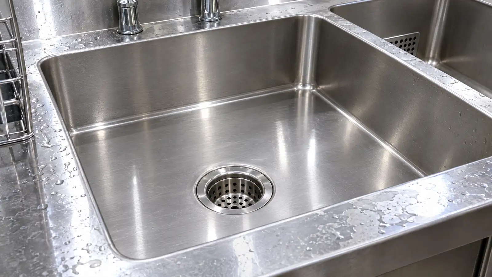 After: the same sink basins empty and spotless