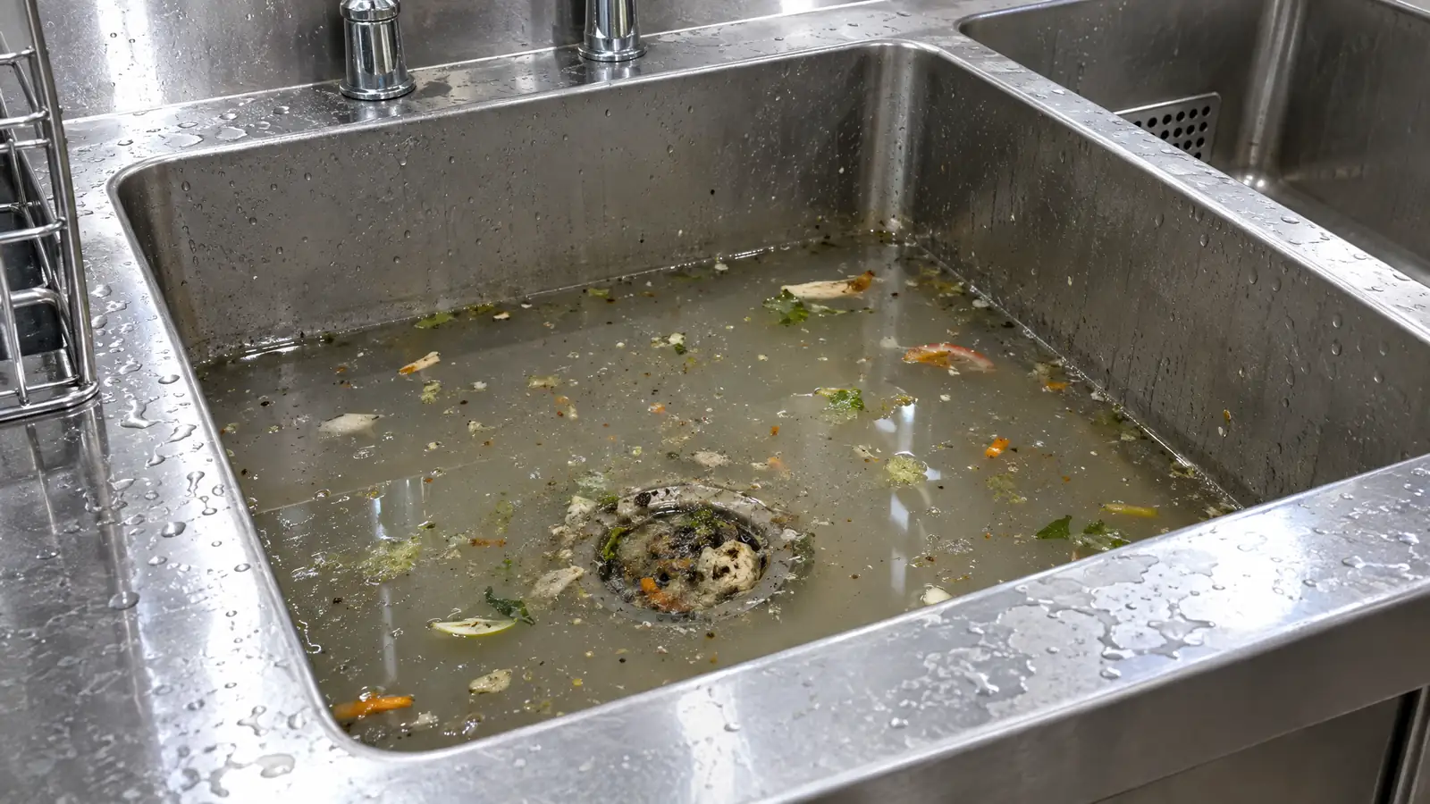 Before: a commercial dish pit with standing greasy water