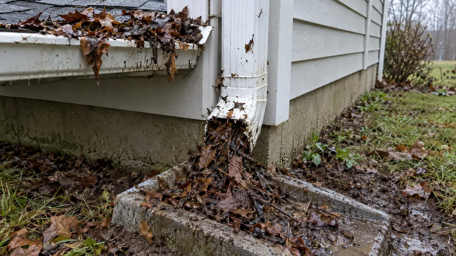 Before: a downspout and gutter choked with wet leaves and mud