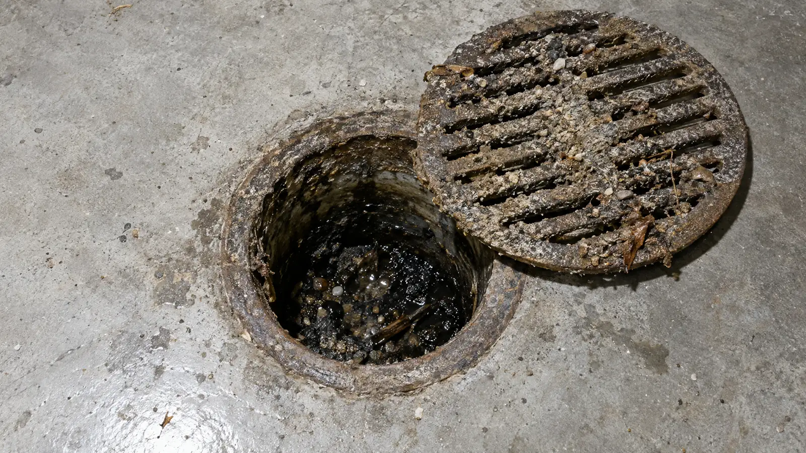 Before: a basement floor drain caked with sediment and grime
