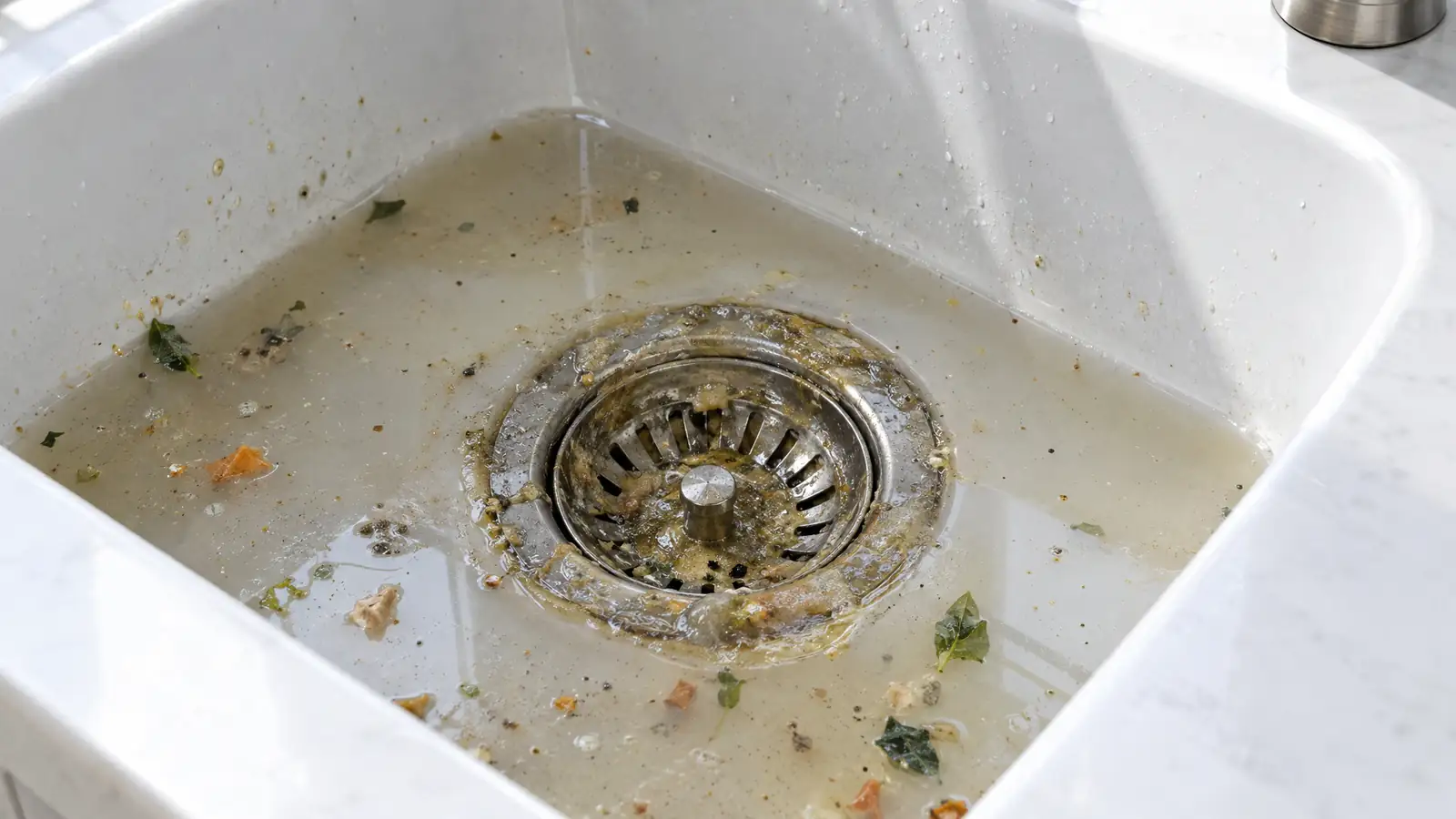 Before: a kitchen sink drain with greasy film and slow cloudy water