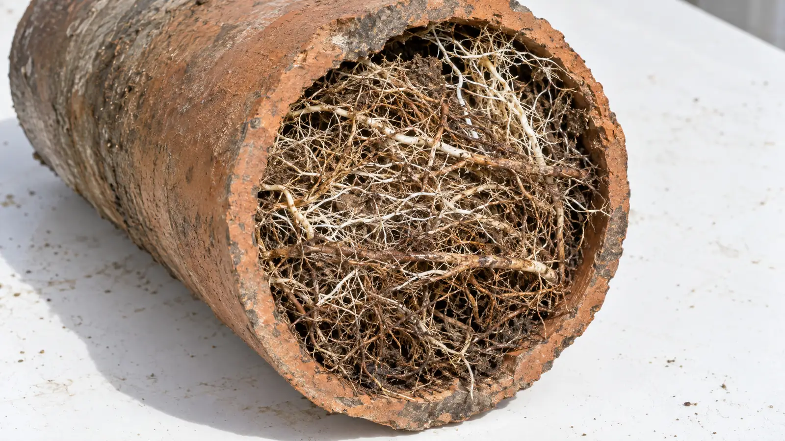 Before: a clay pipe section packed with tree roots