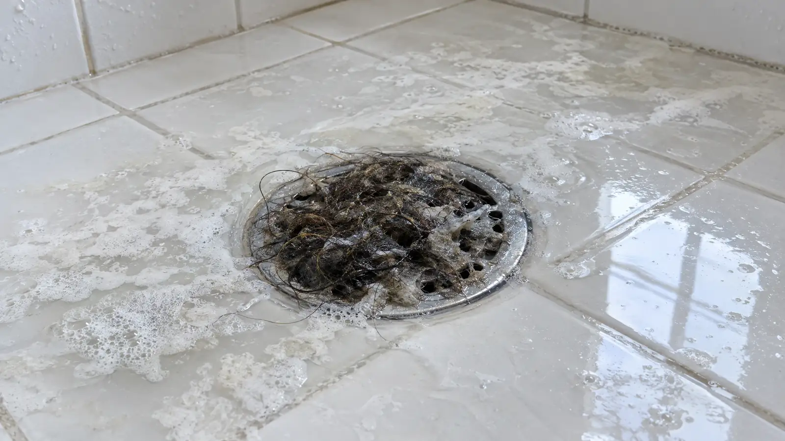 Before: a shower drain clogged with hair and soap scum